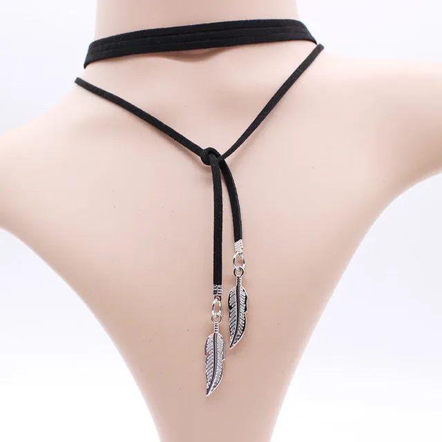 2017 Sexy Long Suede ethnic Choker Necklace feather Accessories Black leather Rope Necklace Collares statement tattoo for Women