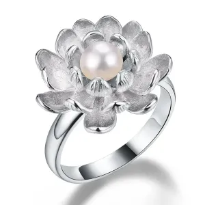 Anillo de flor de loto con perla natural de plata de ley 925 genuina