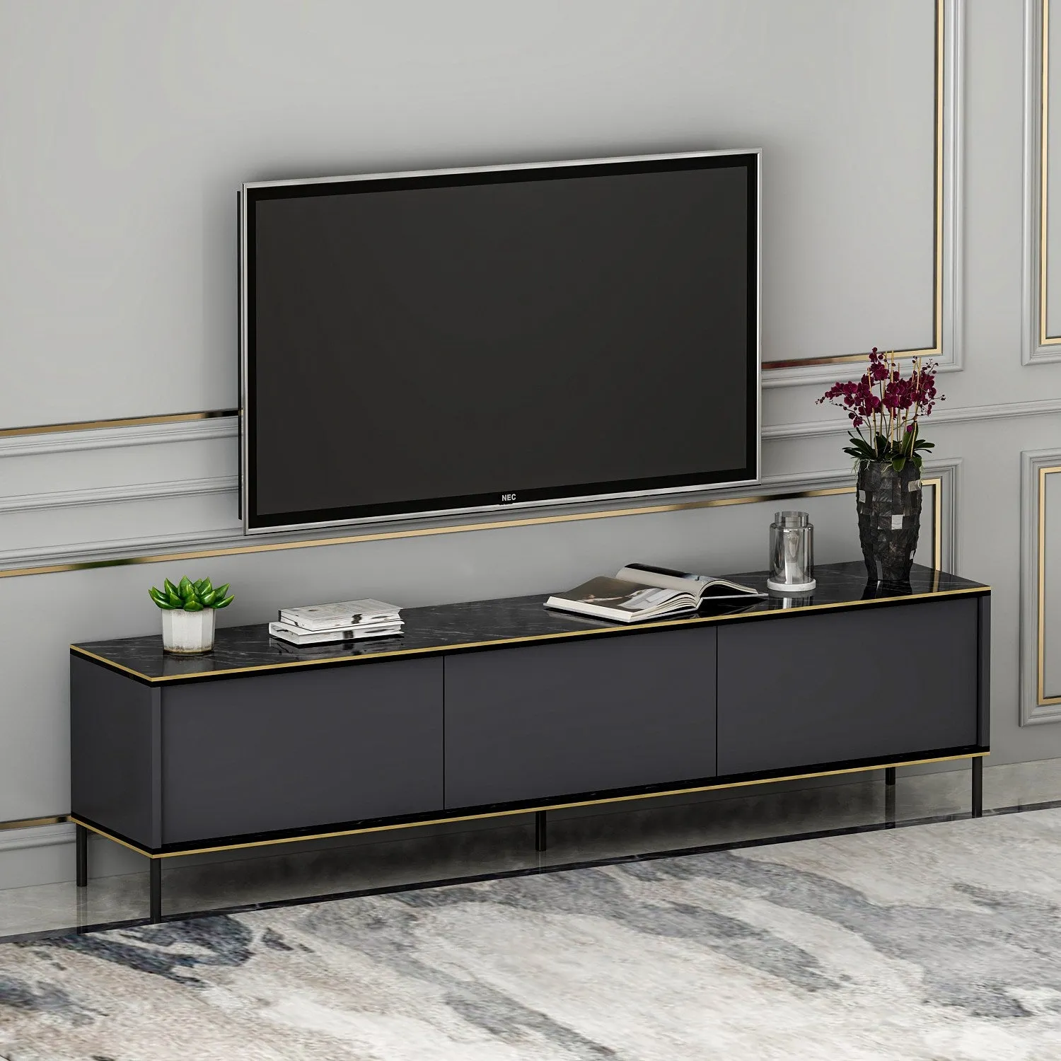 Base porta tv moderno 3 ante colore antracite e marmo nero bordi dorati cm 180x35x45h