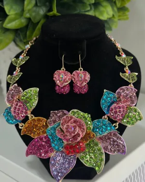 Colorful Roses Rhinestones Necklace Set