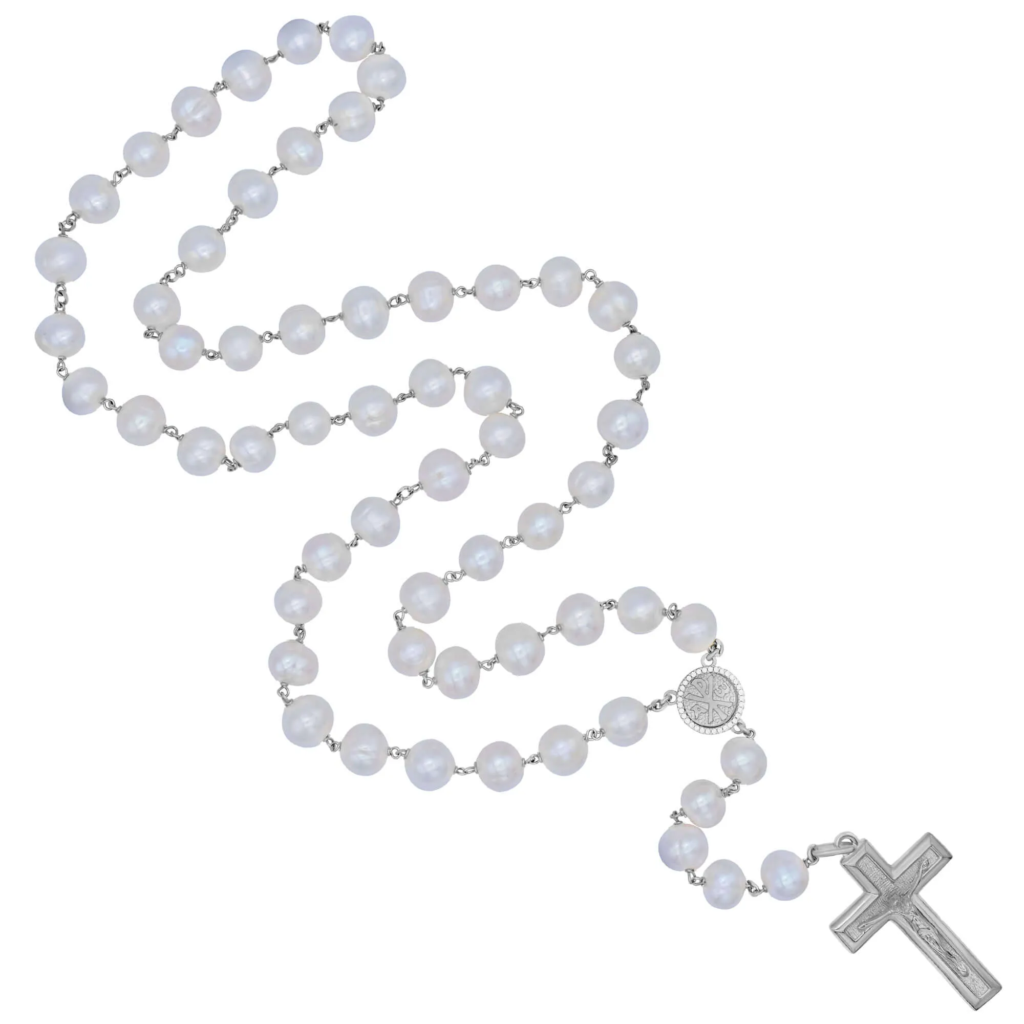 LARGE PEARL BEADS ROSARY - SILVER