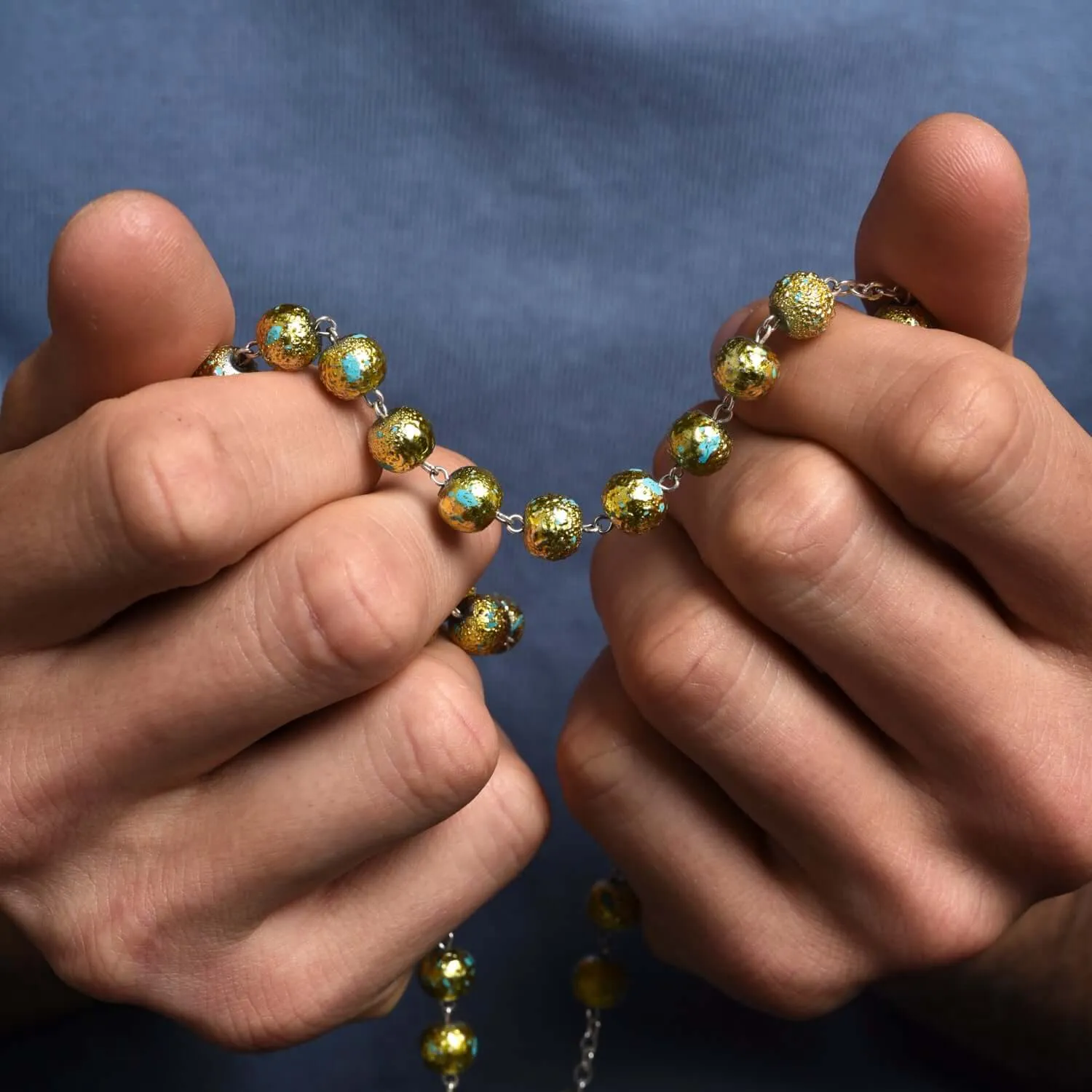 LIGHT BLUE AND GOLD ROSARY - GLASS AND METAL