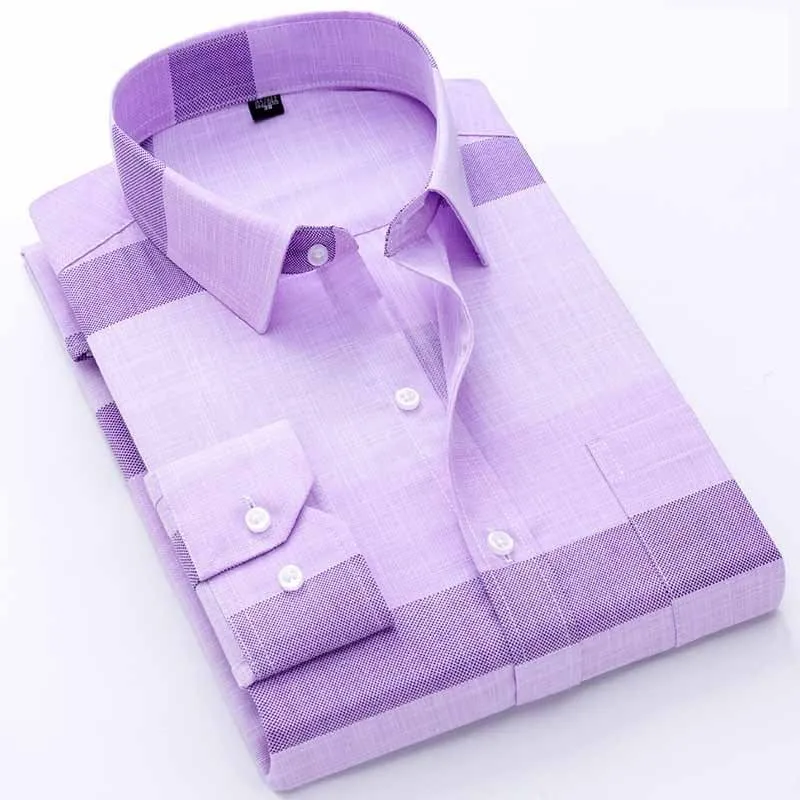 Men's Long-Sleeved Plaid Slub Cotton Shirt | Business Casual Shirt with Pocket Decoration