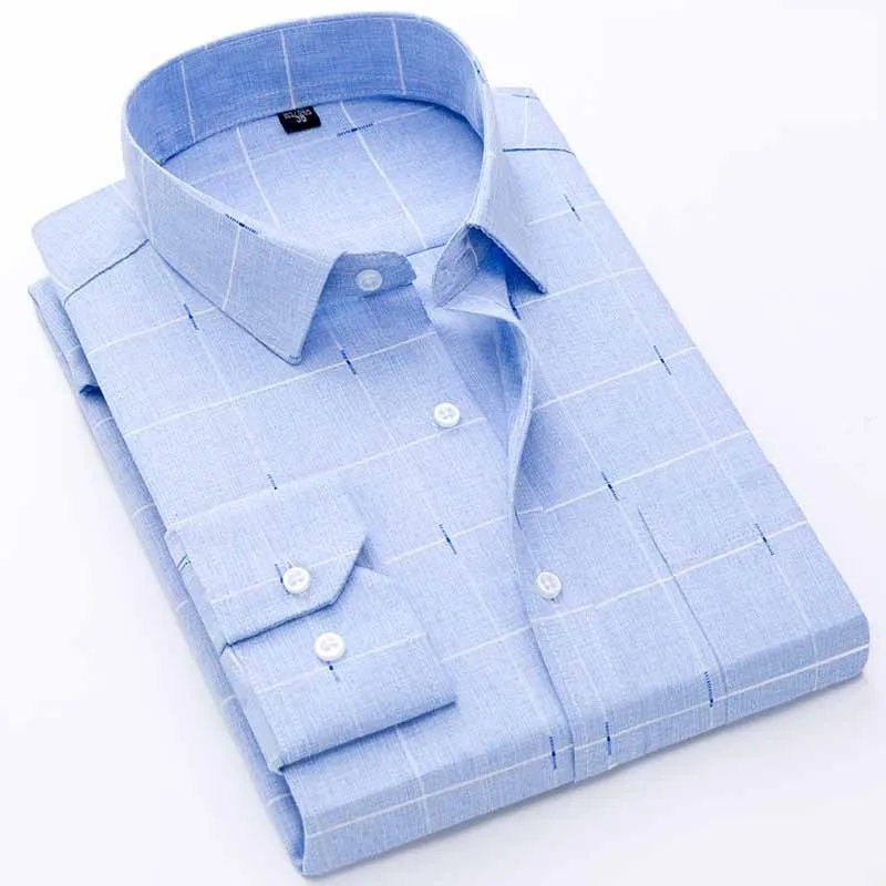 Men's Long-Sleeved Plaid Slub Cotton Shirt | Business Casual Shirt with Pocket Decoration