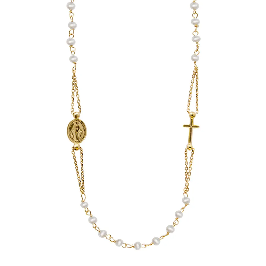 MIRACULOUS AND CROSS - PEARL NECKLACE - GOLD