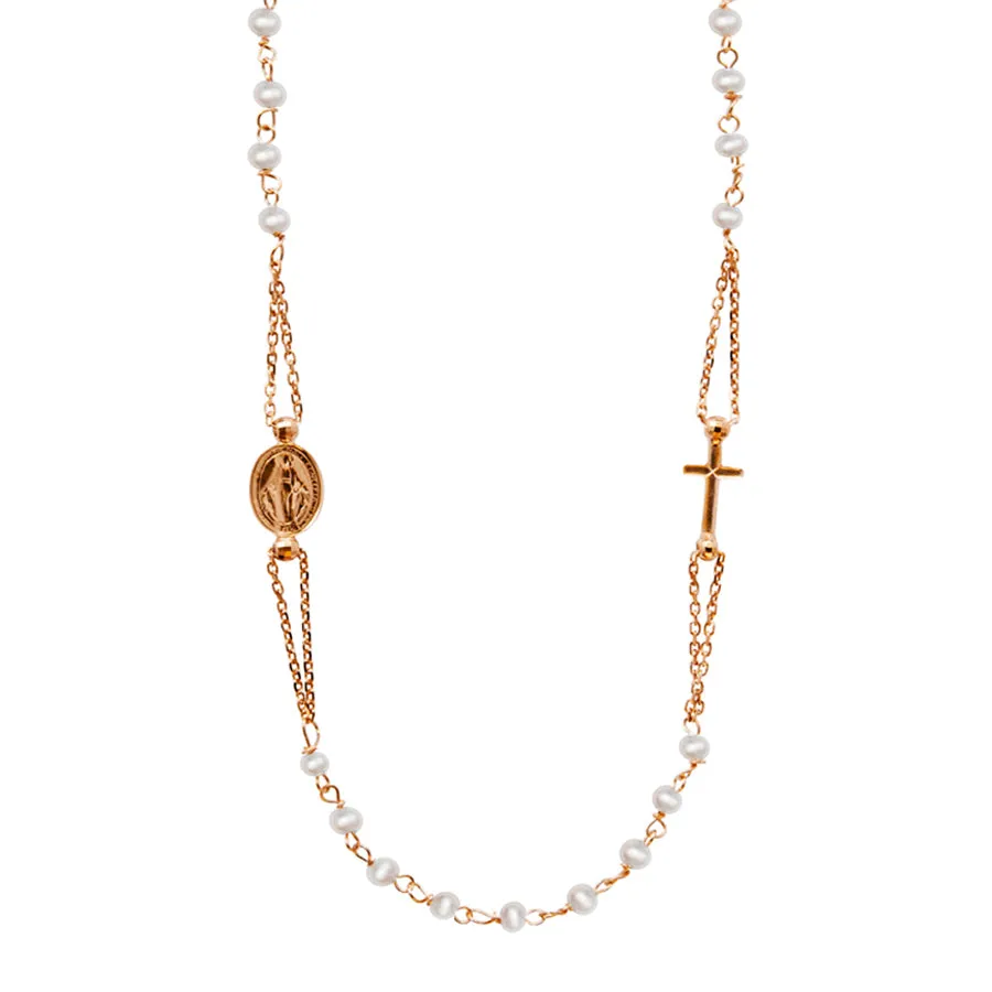 MIRACULOUS AND CROSS - PEARL NECKLACE - ROSE GOLD