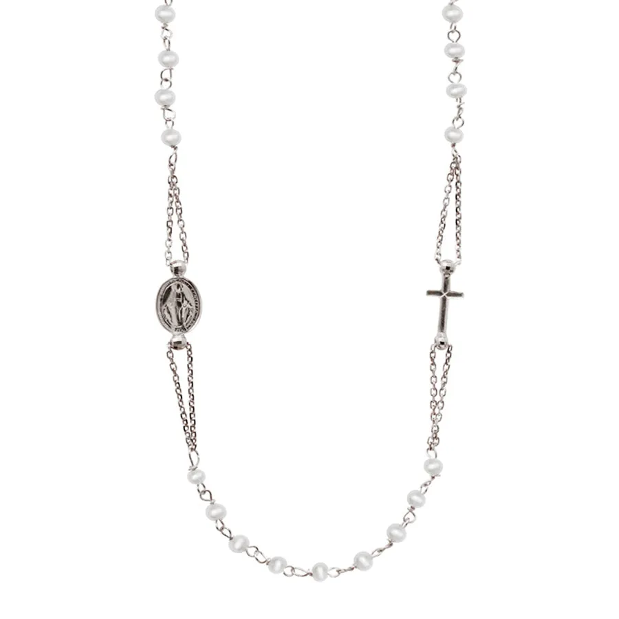 MIRACULOUS AND CROSS - PEARL NECKLACE - WHITE GOLD