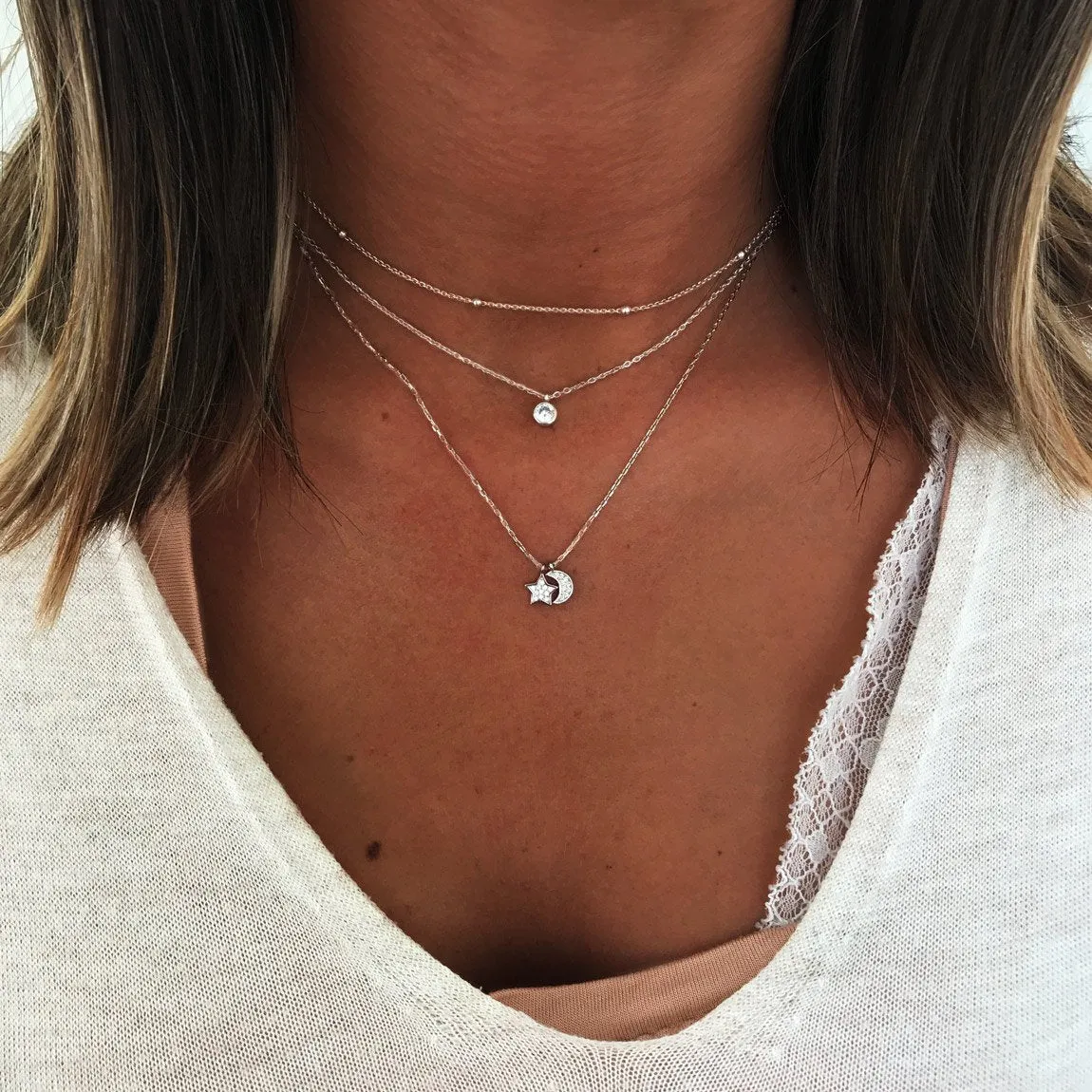 Moon & Star Diamonds Silver Necklace