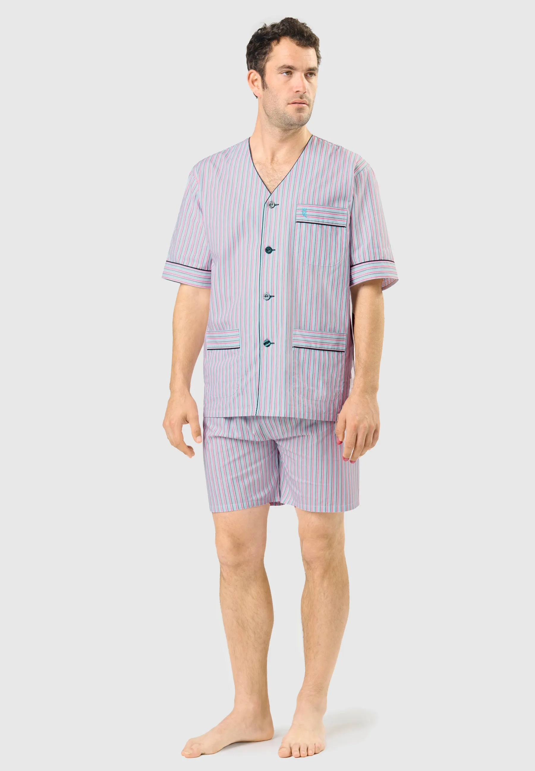 Pijama Hombre Verano Corto Judo Algodón Popelín Rayas - Blanco 4539_01