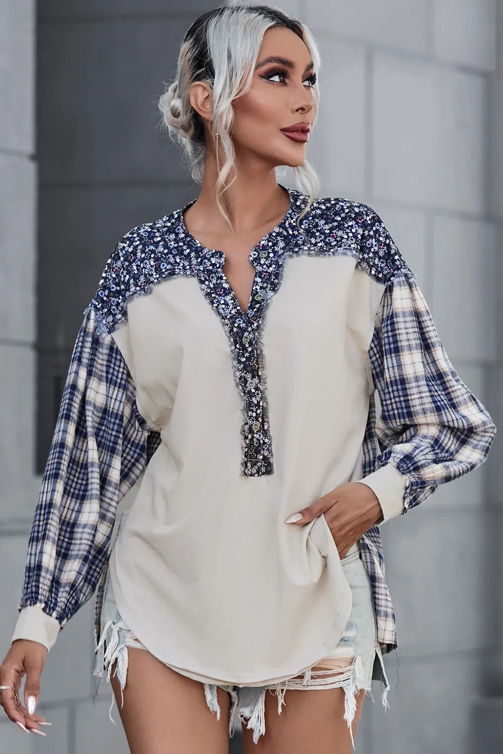 Plaid Notched Neck Slit Blouse | Effortlessly Chic & Comfortable