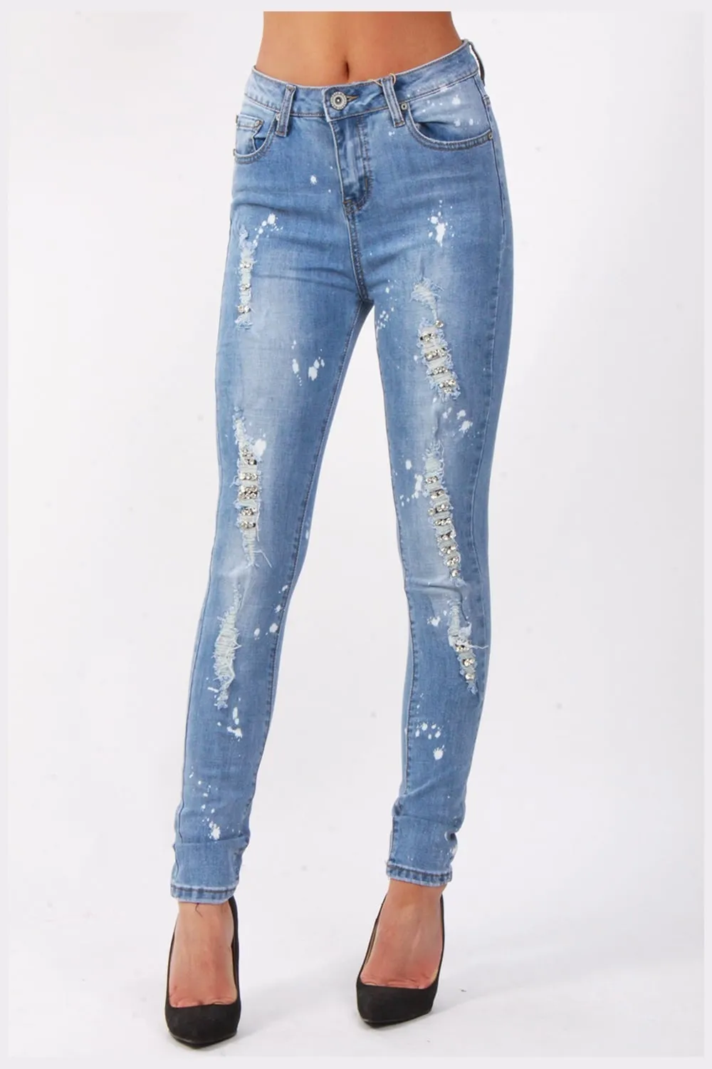 Ripped Diamante Jewel Detail Skinny High Waist Jeans