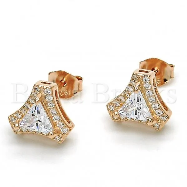 Rose Gold-Tone Polished Sterling Silver Stud Earrings with White Cubic Zirconia