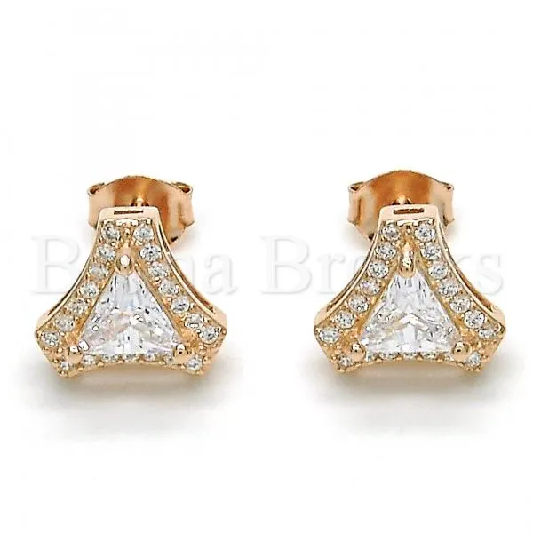 Rose Gold-Tone Polished Sterling Silver Stud Earrings with White Cubic Zirconia