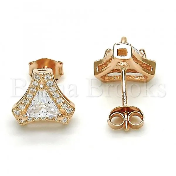 Rose Gold-Tone Polished Sterling Silver Stud Earrings with White Cubic Zirconia