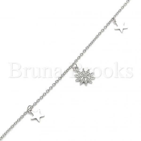 Sterling Silver 03.336.0055.10 Charm Anklet , Star Design, with White Cubic Zirconia, Polished Finish, Rhodium Tone