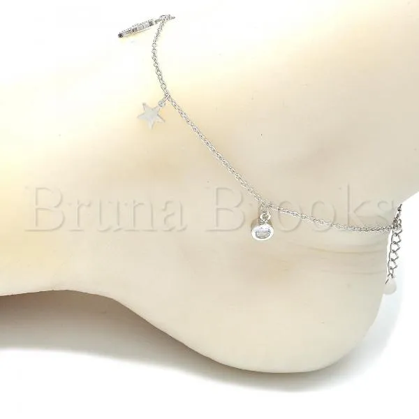 Sterling Silver 03.336.0055.10 Charm Anklet , Star Design, with White Cubic Zirconia, Polished Finish, Rhodium Tone