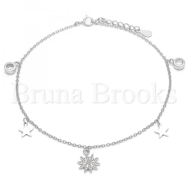 Sterling Silver 03.336.0055.10 Charm Anklet , Star Design, with White Cubic Zirconia, Polished Finish, Rhodium Tone