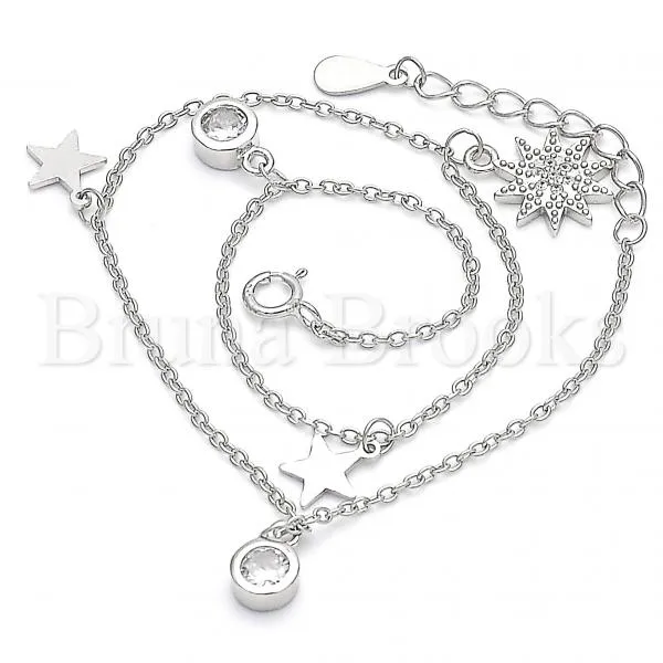 Sterling Silver 03.336.0055.10 Charm Anklet , Star Design, with White Cubic Zirconia, Polished Finish, Rhodium Tone